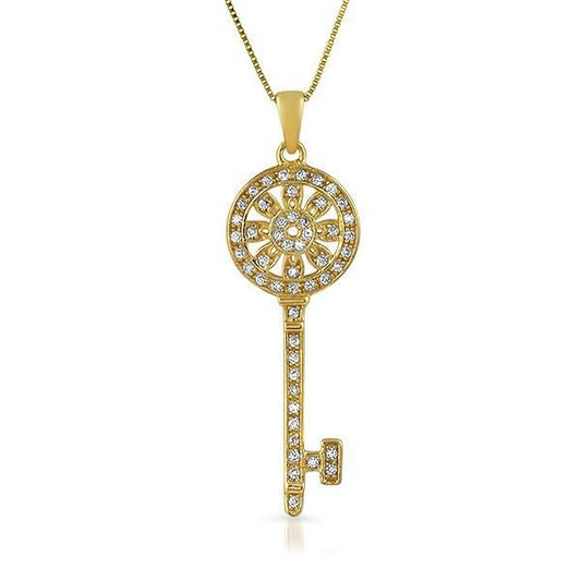 Gold Sunflower Key CZ .925 Sterling Silver Pendant