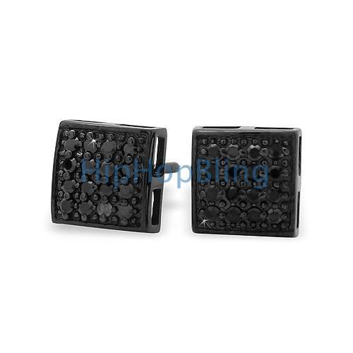 All Black Puffed Box CZ Micro Pave Earrings .925 Silver