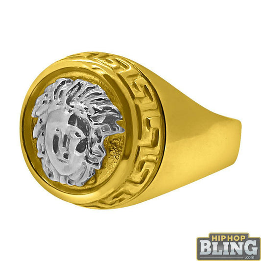 10K Gold 2 Tone Circle Medusa Ring Greek Trim