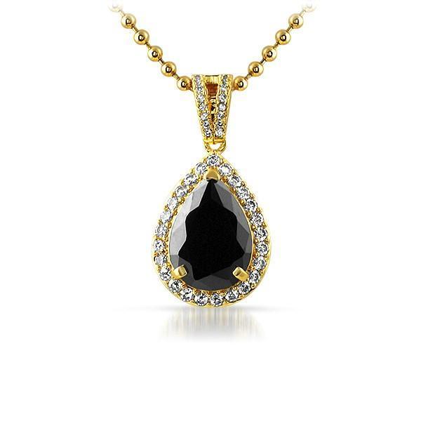 .925 Silver Black Pear Cut Gem Bling Pendant Gold