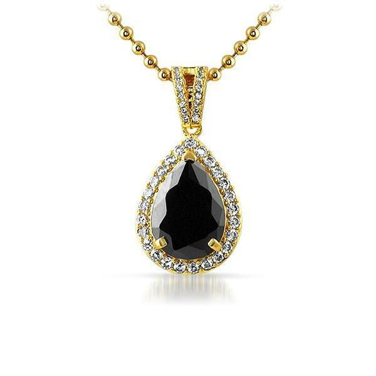 .925 Silver Black Pear Cut Gem Bling Pendant Gold