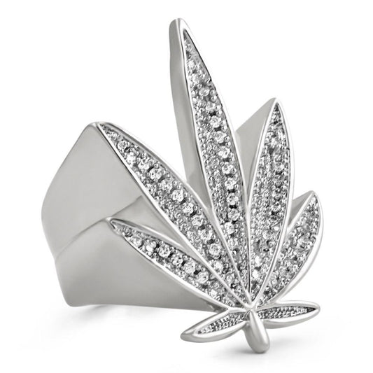 Marijuana Leaf 420 CZ Bling Bling Rhodium Ring