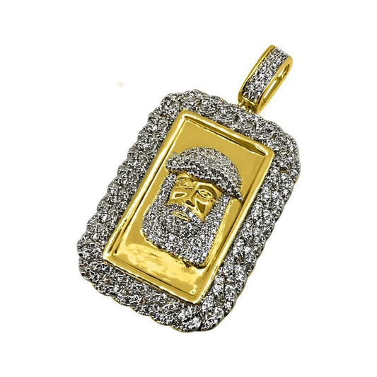 .925 Silver Jesus Face Gold CZ Bling Cuban Rectangle Pendant