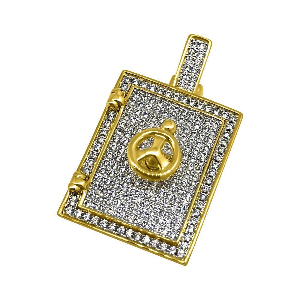 .925 Silver 3D Safe Bank Vault Gold CZ Bling Bling Pendant