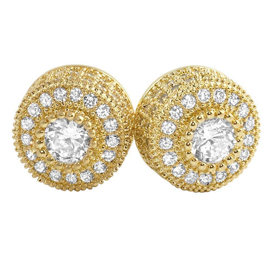 Gold Mega 3D Cluster CZ Iced Out Earrings