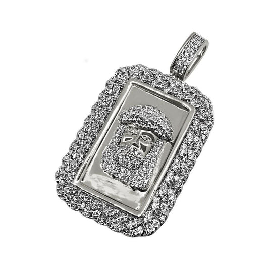 .925 Silver Jesus Face Rhodium CZ Bling Cuban Rectangle Pendant