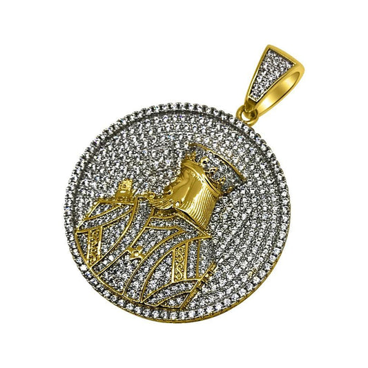 .925 Silver Gold King Profile Circle CZ Bling Bling Pendant