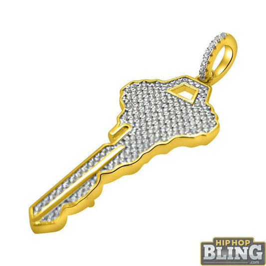 .925 Sterling Silver Gold Key CZ Hip Hop Pendant