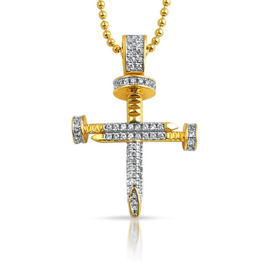 Small Gold CZ 3D Nail Cross Bling Bling Pendant