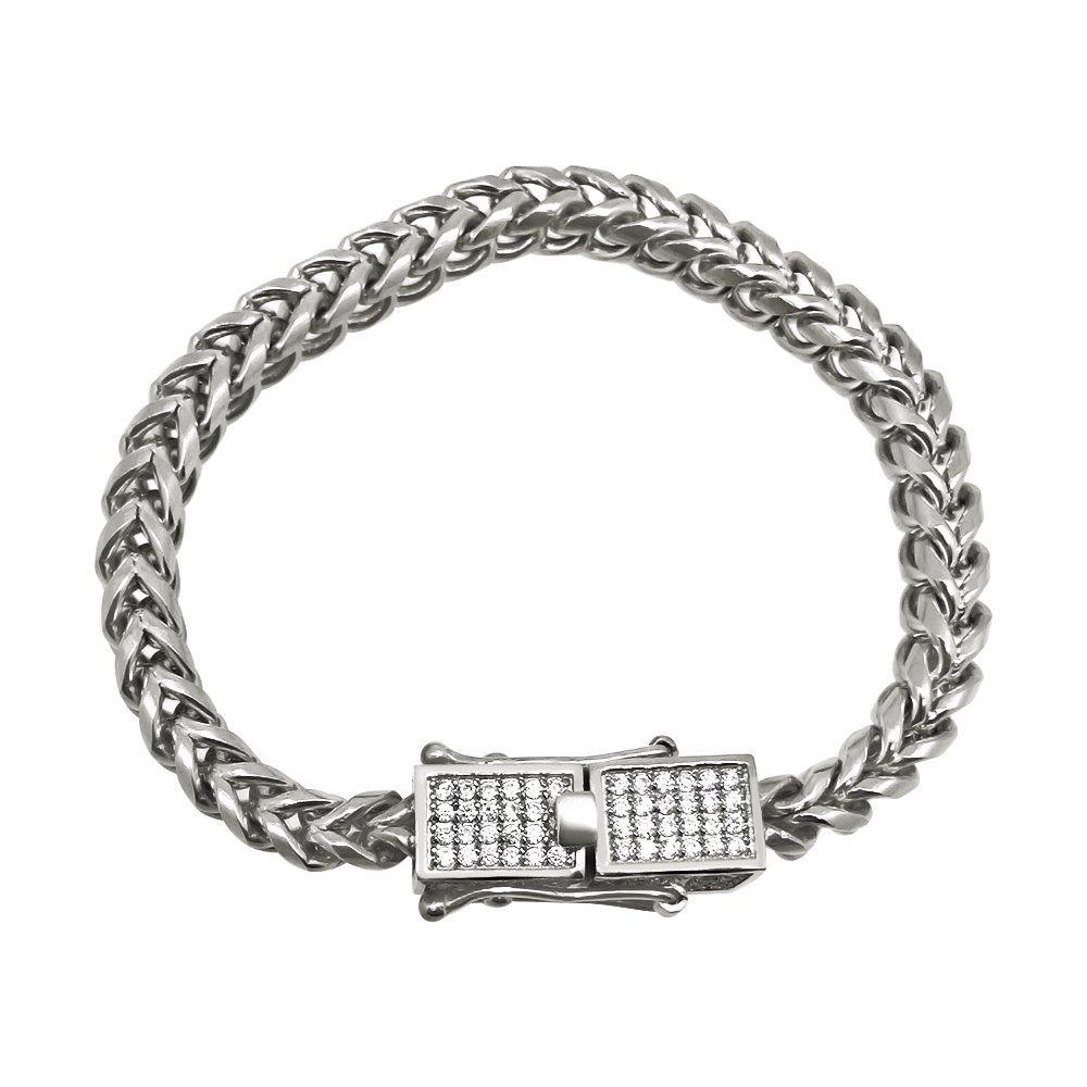 CZ Box Clasp Triple Lock Stainless Steel Franco Bracelet