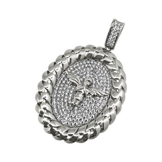 .925 Silver Cherub Angel Rhodium Cuban Oval CZ Pendant