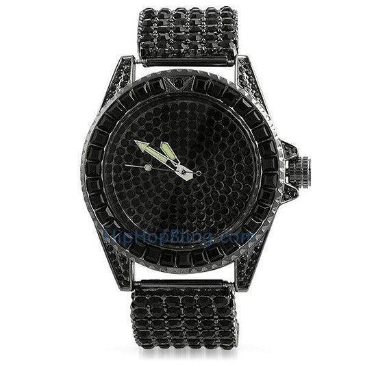 Princess Cut Black 6 Row Bling Bling Watch