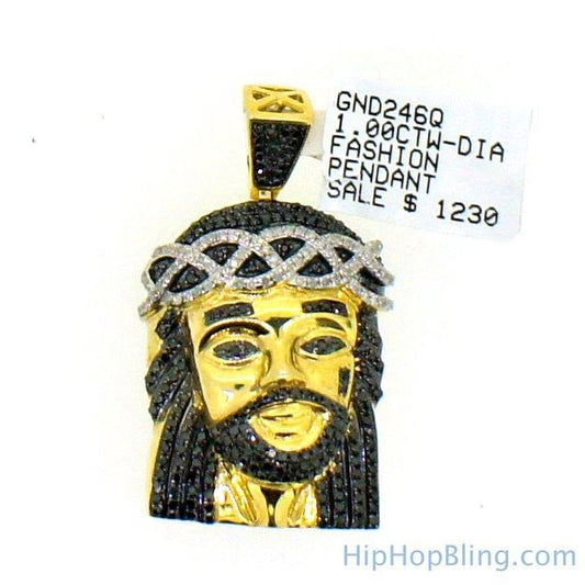 Black & White Diamond 1.00cttw Vermeil Gold Jesus Pendant