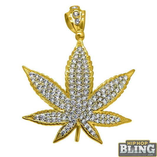 10K Yellow Gold CZ Marijuana Pot Leaf 420 Pendant