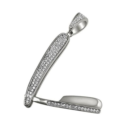 .925 Silver Rhodium Barber Razor CZ Bling Bling Pendant