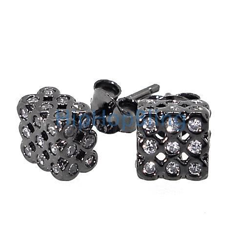 3D Bezel Cube White CZ Black .925 Silver Hip Hop Earrings