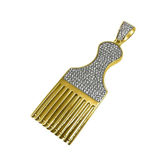 .925 Silver Hair Pic Barber Gold CZ Bling Bling Pendant