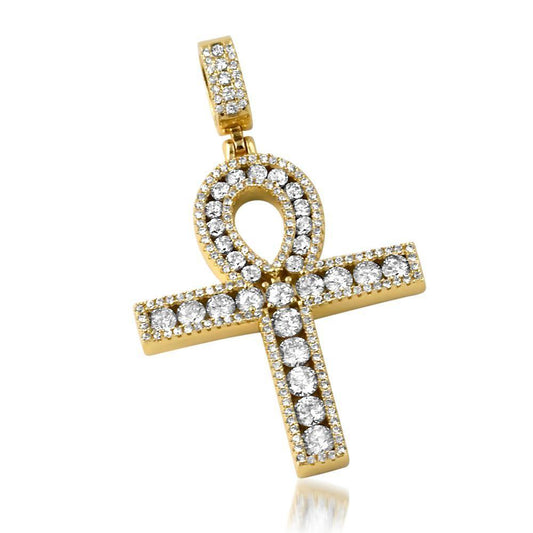 .925 Silver Channel Set Ankh Bling Bling Cross Gold