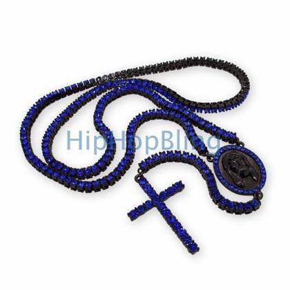 All Blue 1 Row Rosary Bling Necklace