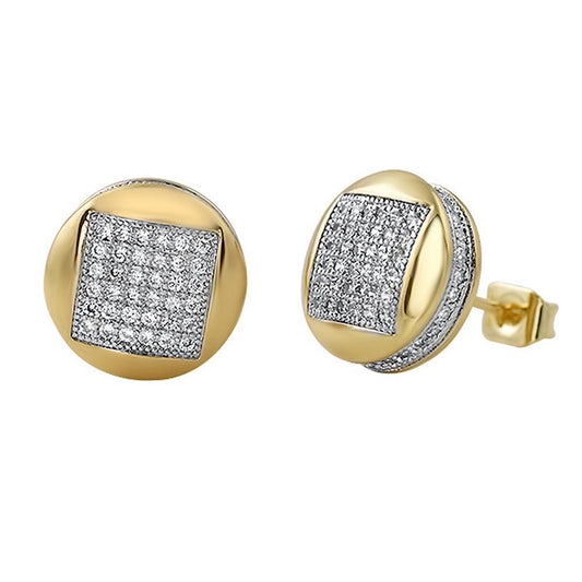 3D Square in Circle Gold CZ Bling Bling Earrings