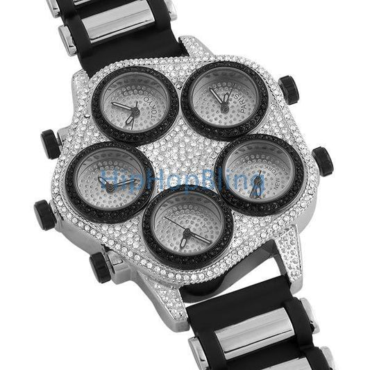 Bling Bling 5 Time Zone Watch Silver W/ Black Trim