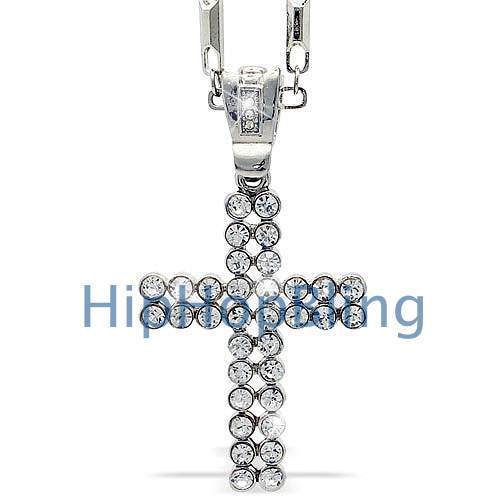 2 Row Ultra Ballers Cross Iced out Pendant 30" Chain Bling * Platinum Line *