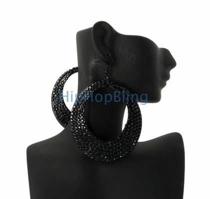 Black Bling Oval Hoop Ladies Fashion Earrings