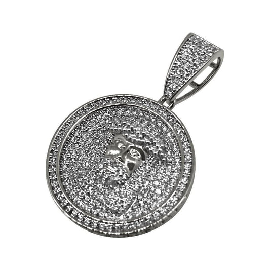 .925 Silver Bling Bling Mini Rhodium Jesus CZ Circle Pendant