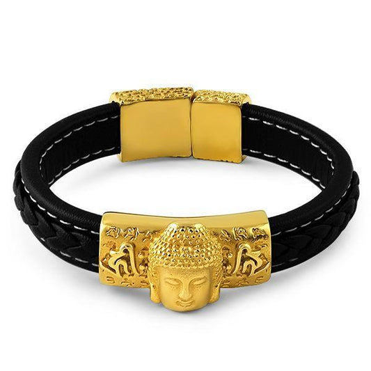 Gold Buddha Black Leather Bold Fashion Bracelet