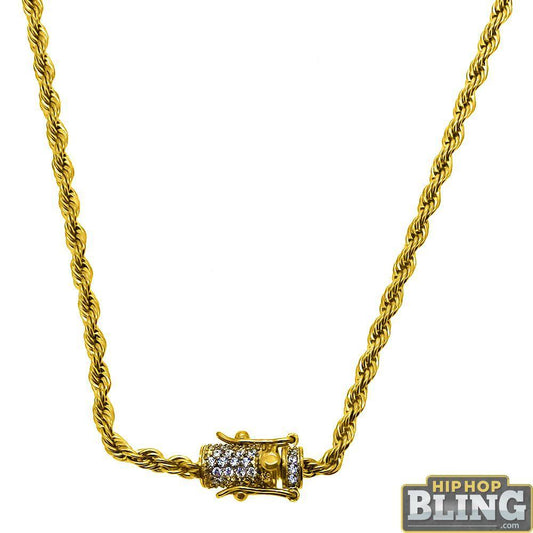 CZ Diamond Lock Gold Steel 3MM Steel Rope Chain