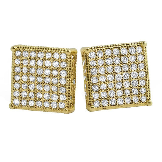 3D Box XL Gold CZ Micro Pave Bling Earrings