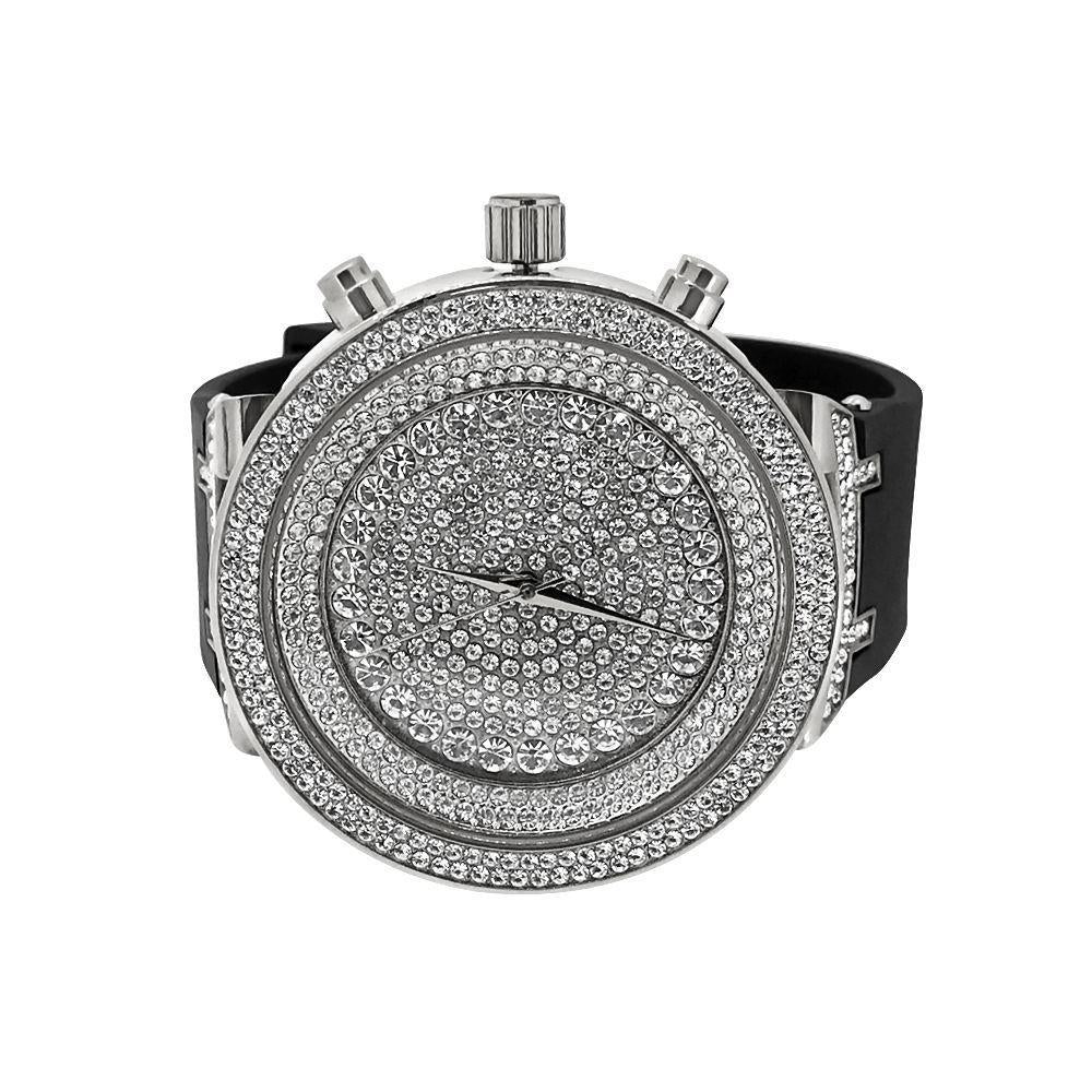 Hip Hop Bling Bling Silver Watch Black Rubber Strap