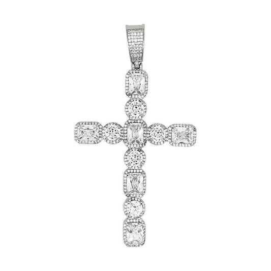 .925 Silver Emerald and Round Cut CZ Rhodium Cross