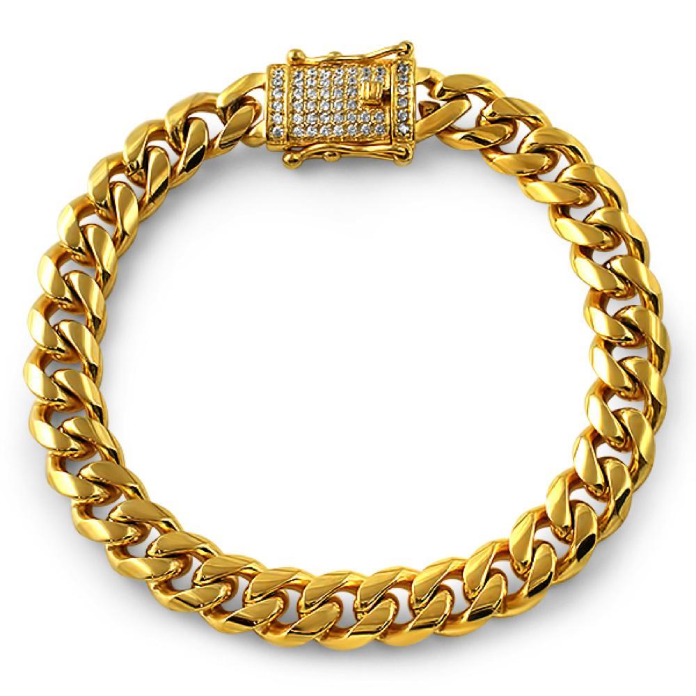 CZ Diamond Lock Gold Steel Cuban Bracelet 10MM