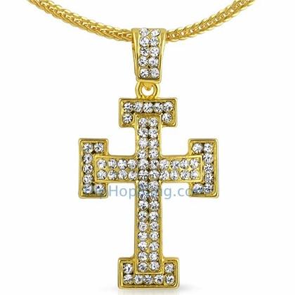 Gold Block Bling Bling Cross & Chain Small