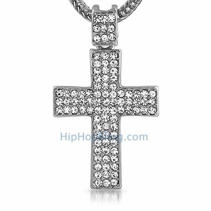 Rhodium Triple Bling Bling Cross & Chain Small